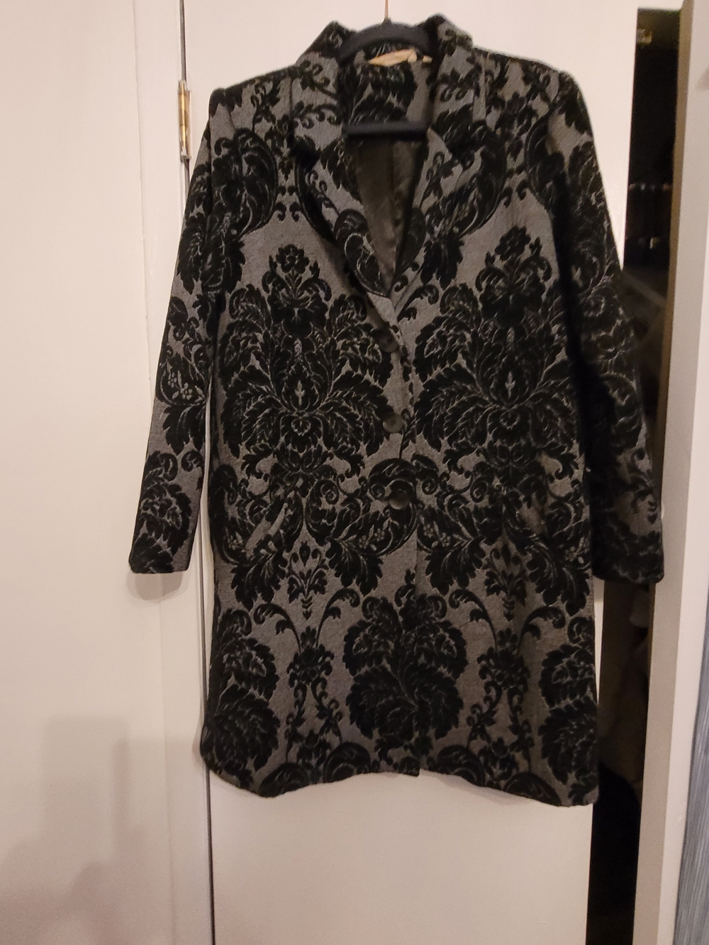 Soft Surroundings Gray and Black Damask Wool Blend Coat